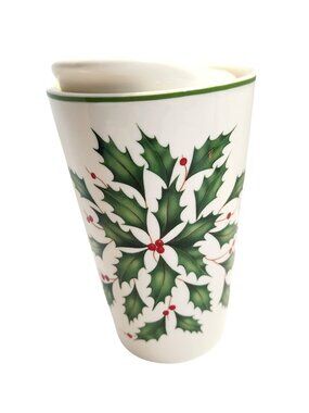 Lenox Holiday Holly Berry Ceramic Travel Mug With Lid Festive Christmas Design